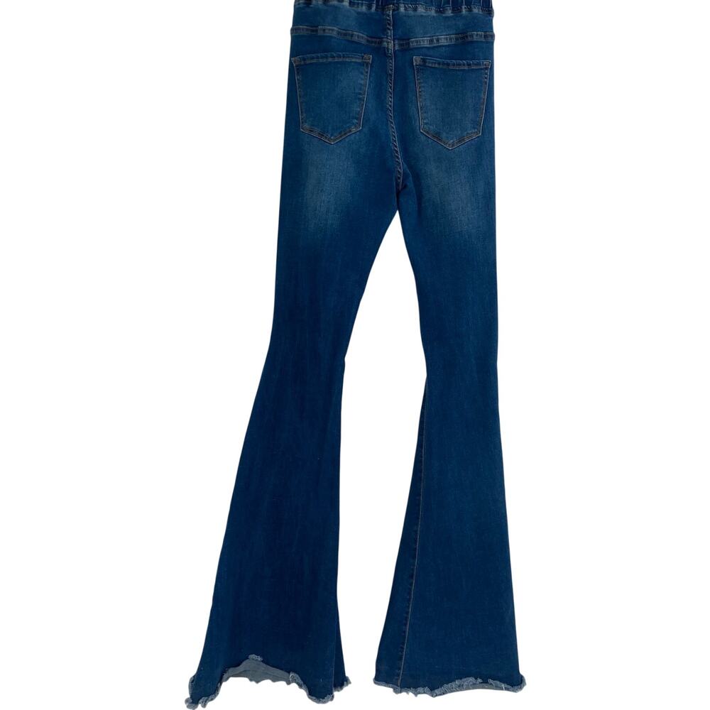 Aaron & Amber Elastic Waist Bell Bottom Dark Wash Distressed Jeans Western 24 - Picture 3 of 14